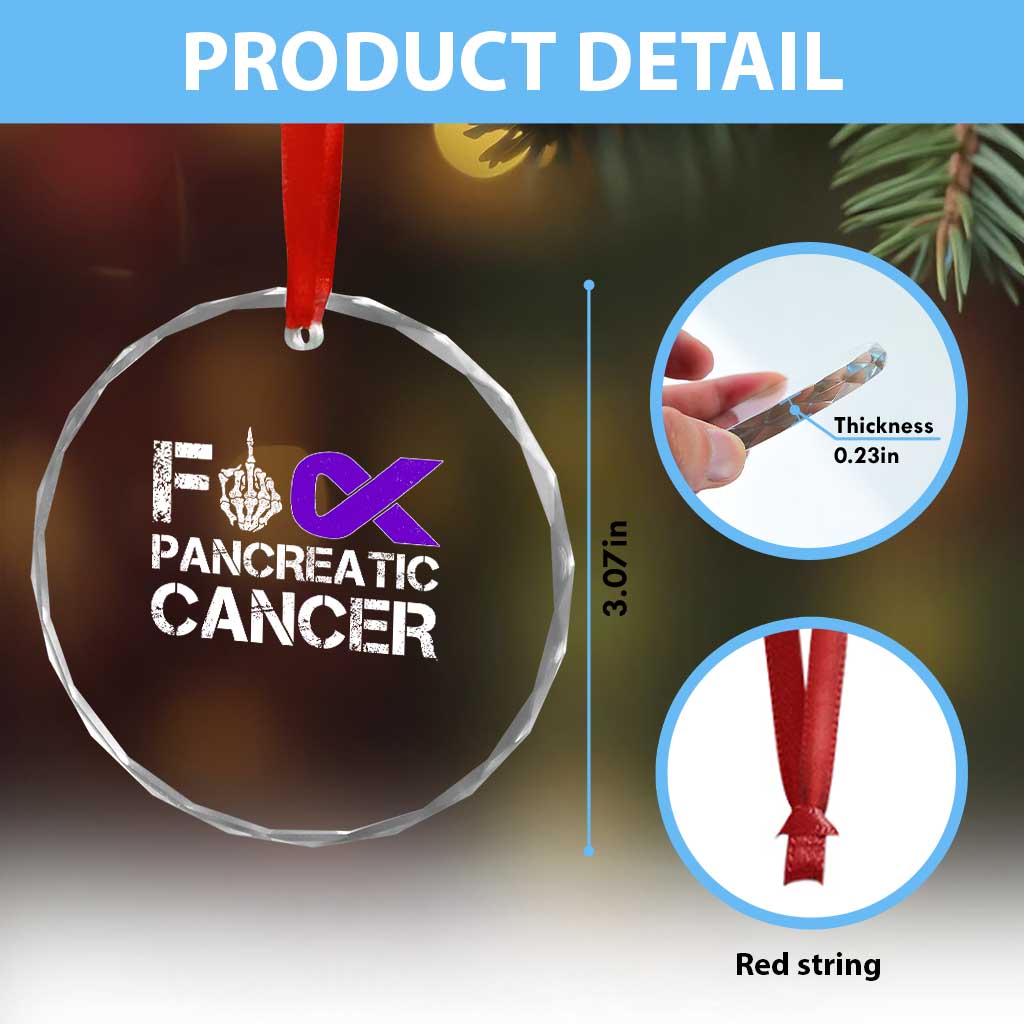 Fck Pancreatic Cancer Crystal Glass Ornament Purple Ribbon Skeleton Hand Graphic