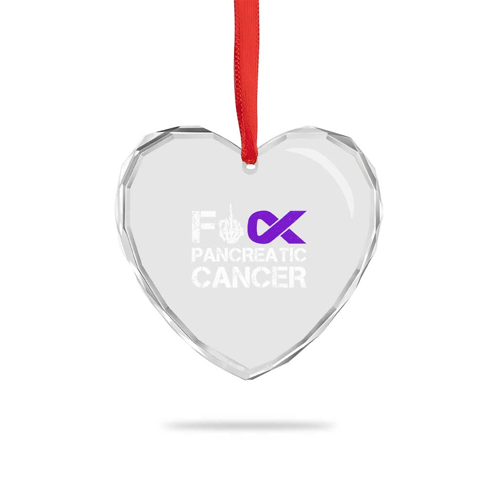 Fck Pancreatic Cancer Heart Crystal Glass Ornament Purple Ribbon Skeleton Hand Graphic