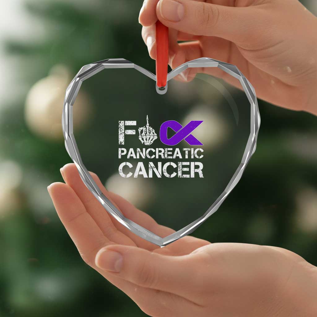 Fck Pancreatic Cancer Heart Crystal Glass Ornament Purple Ribbon Skeleton Hand Graphic