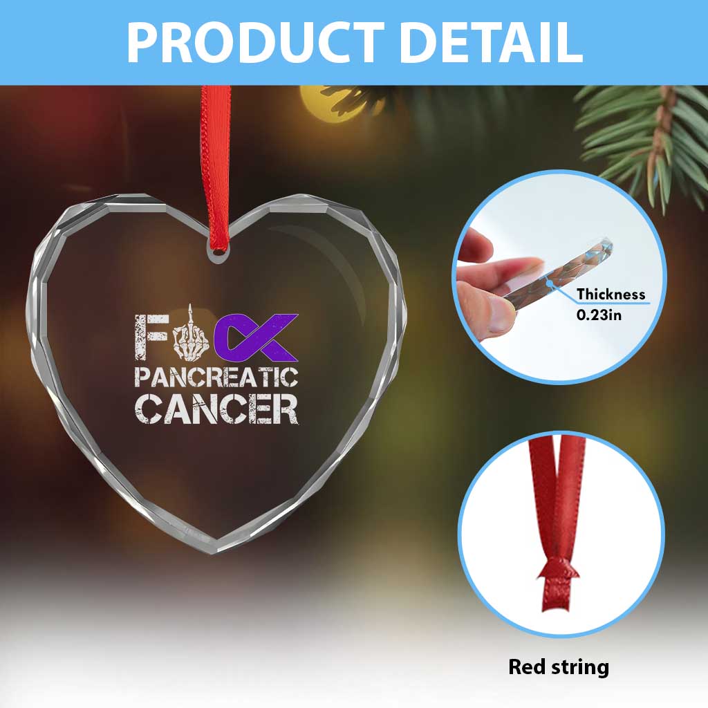Fck Pancreatic Cancer Heart Crystal Glass Ornament Purple Ribbon Skeleton Hand Graphic
