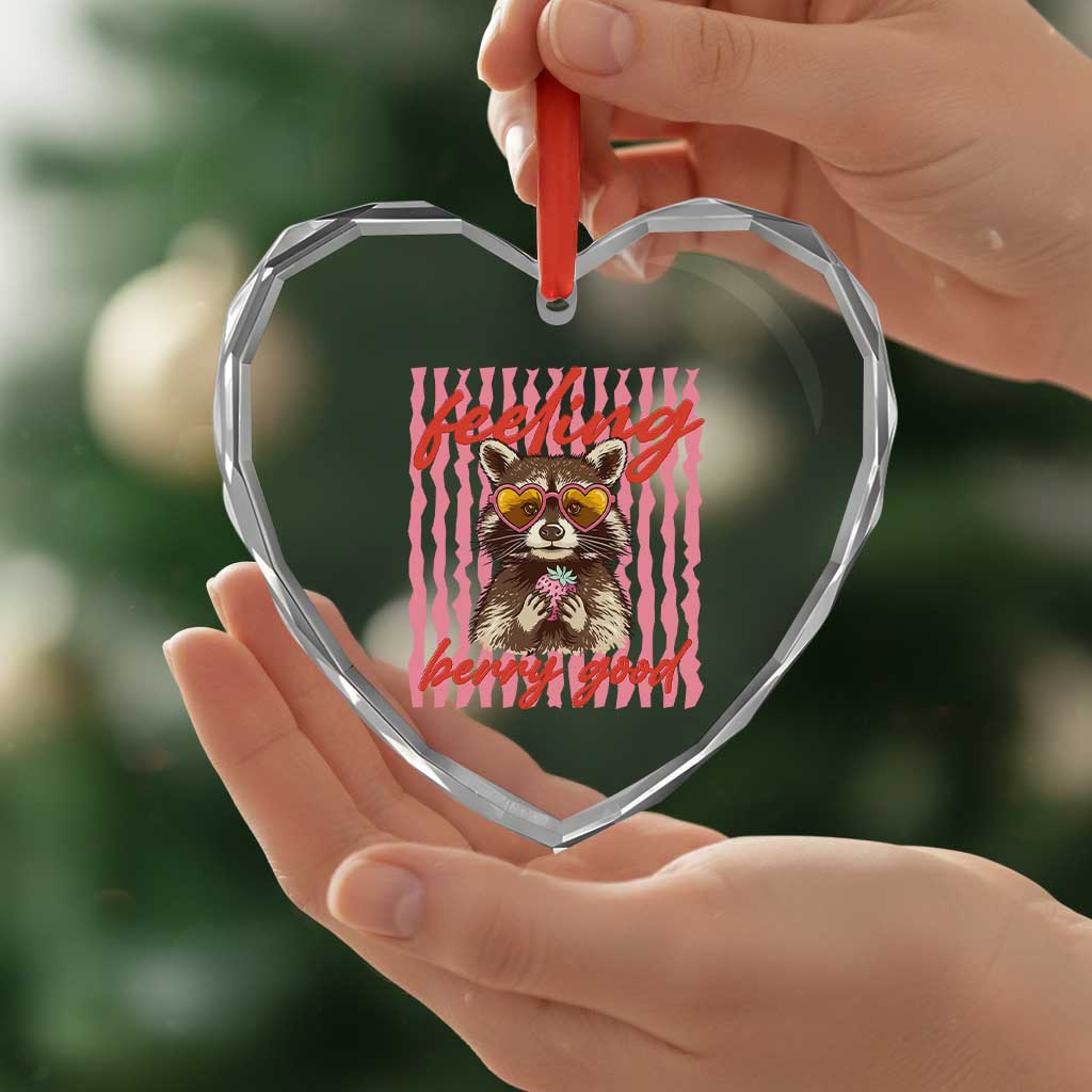 Feeling Berry Good Heart Crystal Glass Ornament Funny Raccoon Strawberry Summer Vibes