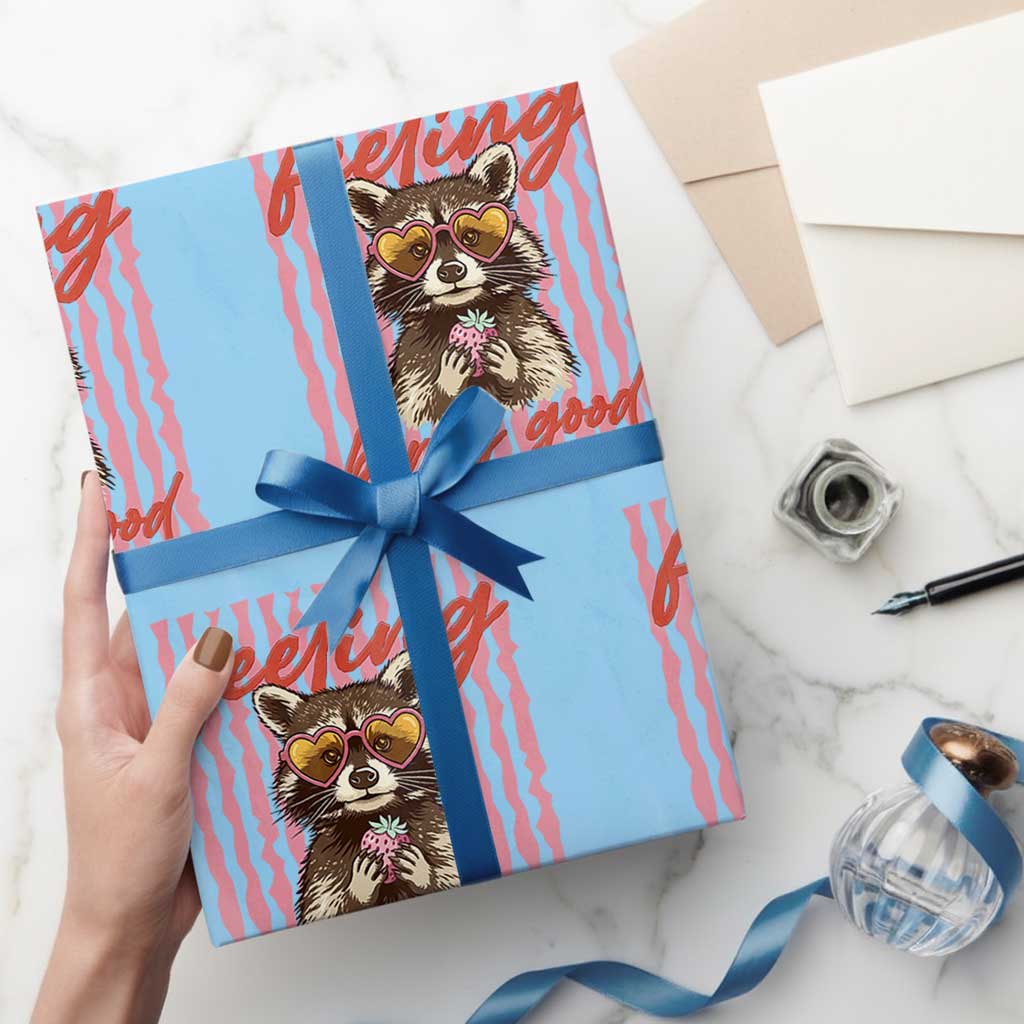 Feeling Berry Good Wrapping Paper Roll Funny Raccoon Strawberry Summer Vibes