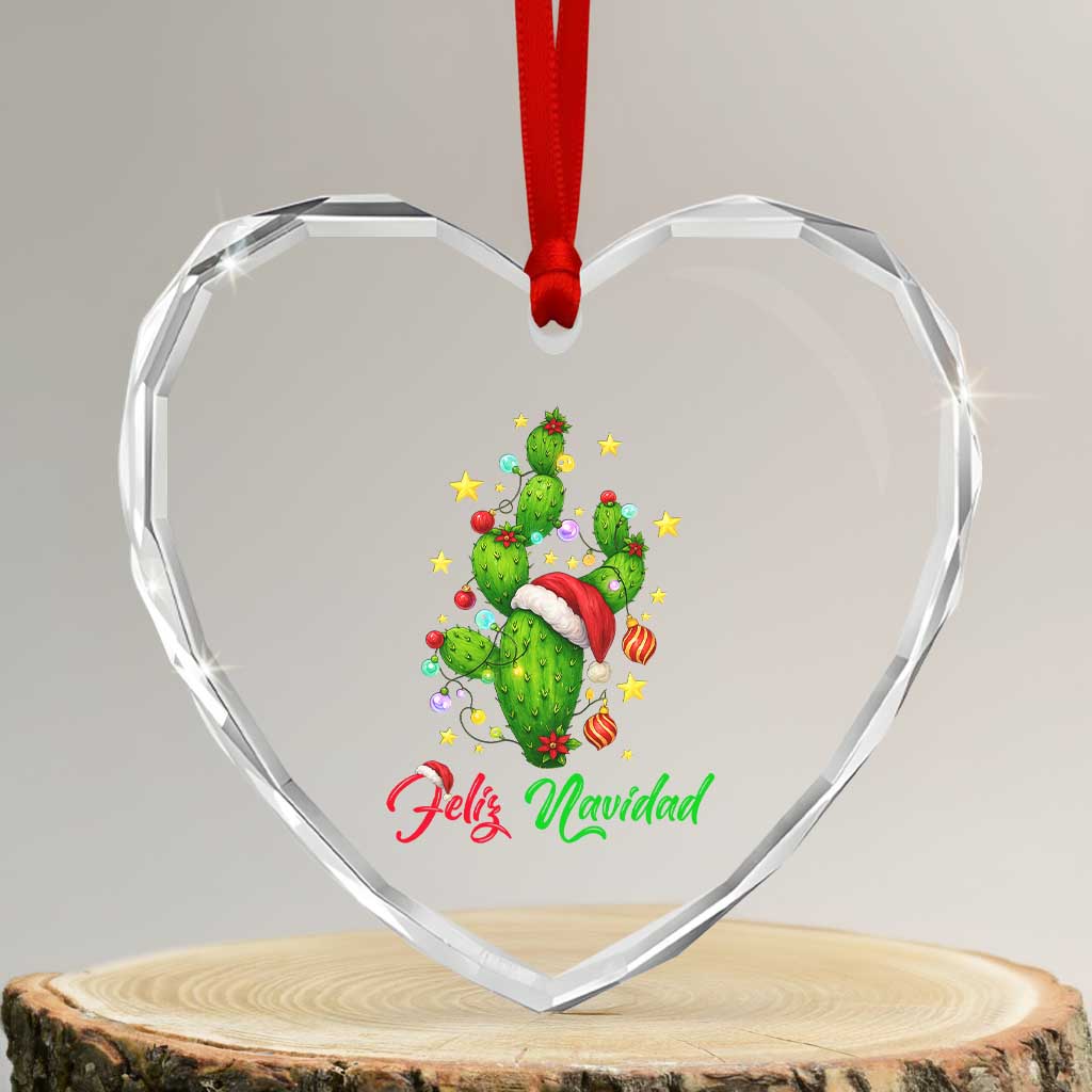 Feliz Navidad Cactus Heart Crystal Glass Ornament Funny Spanish Christmas Gift - Wonder Print Shop