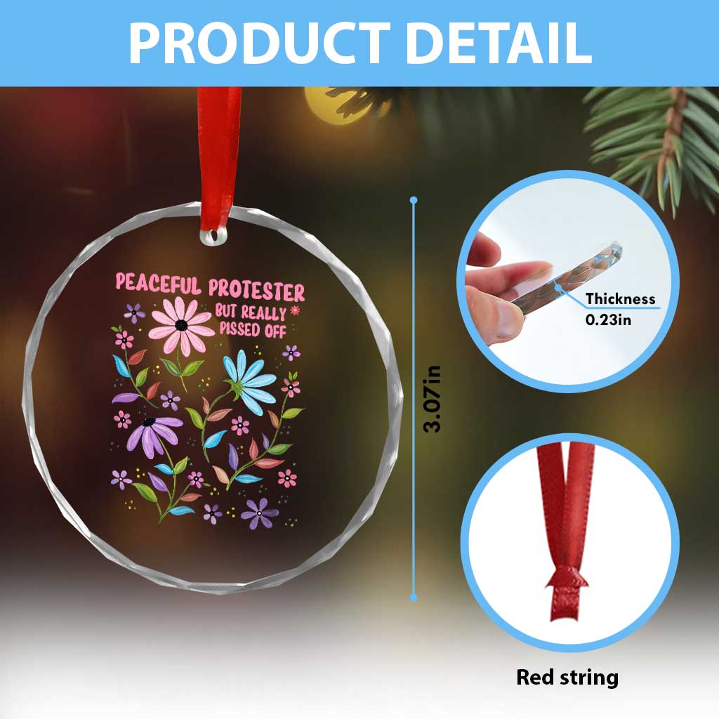 Feminist Protest Crystal Glass Ornament Peaceful But Pissed Off Floral Resist