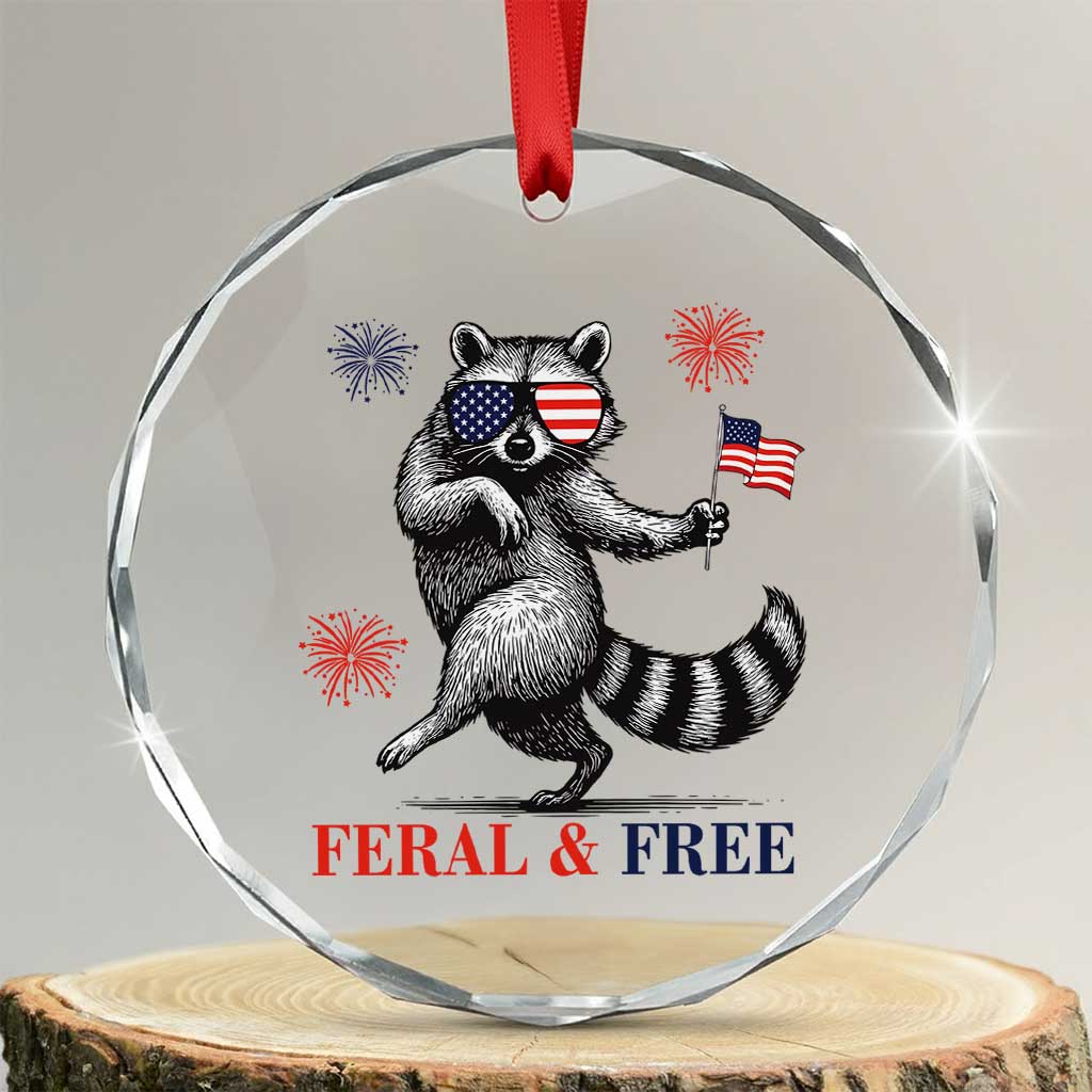 Feral and Free Dancing Raccoon Crystal Glass Ornament Funny 4th July Patriotic Animal US Flag and Fireworks - Wonder Print Shop