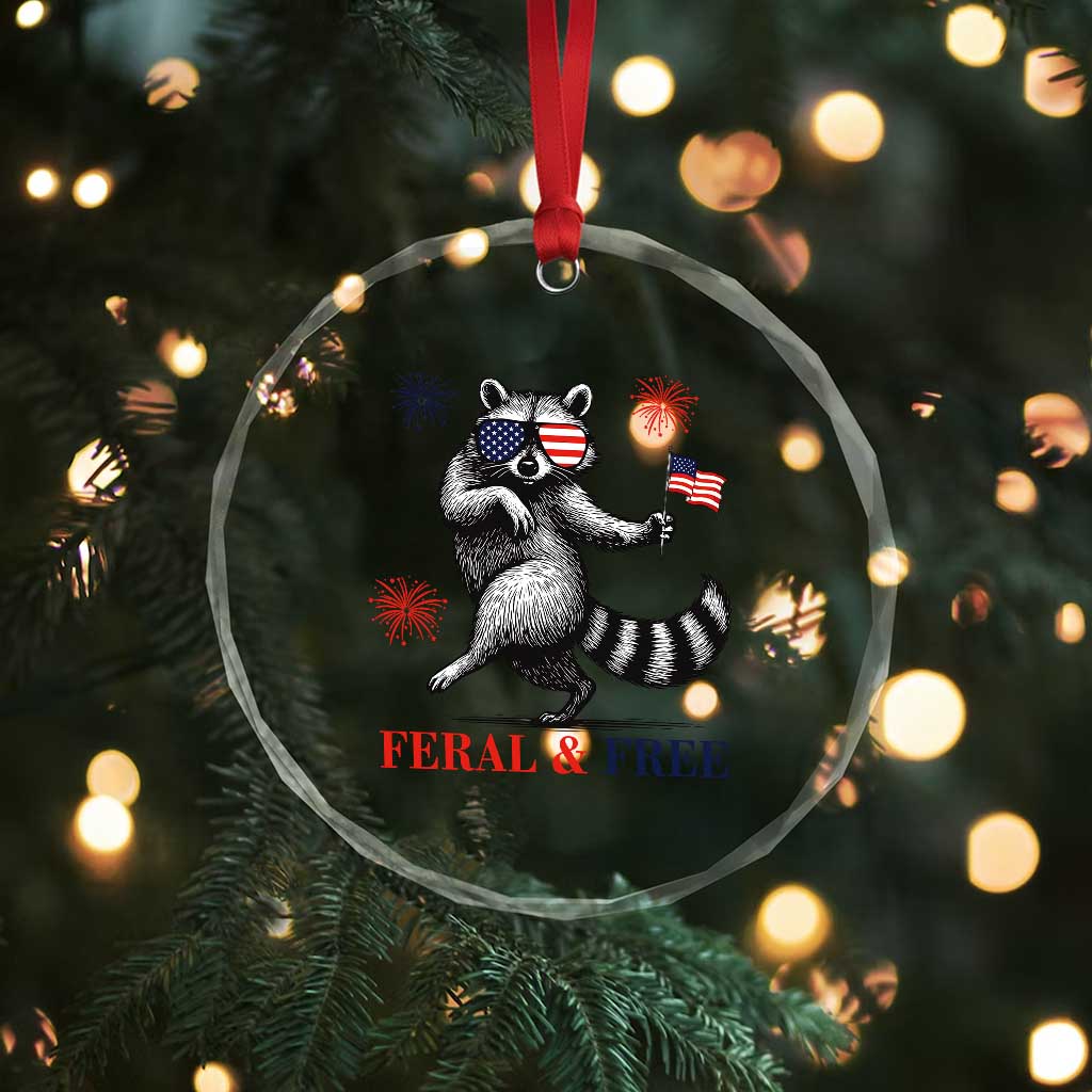 Feral and Free Dancing Raccoon Crystal Glass Ornament Funny 4th July Patriotic Animal US Flag and Fireworks TS02