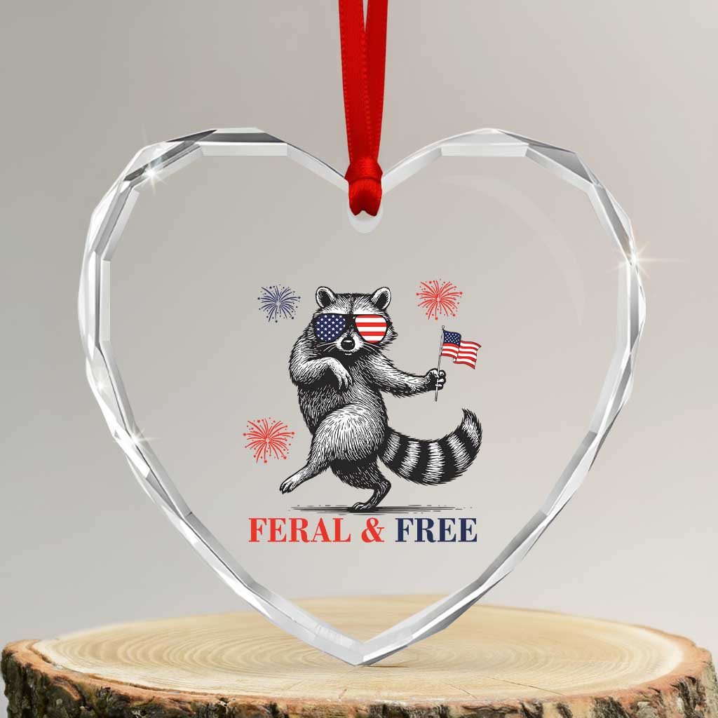Feral and Free Dancing Raccoon Heart Crystal Glass Ornament Funny 4th July Patriotic Animal US Flag and Fireworks - Wonder Print Shop