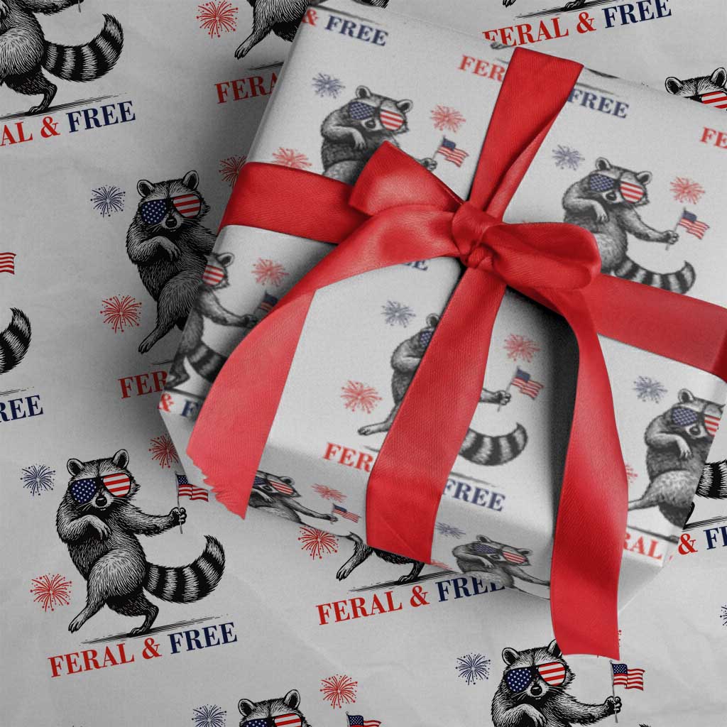 Feral and Free Dancing Raccoon Wrapping Paper Roll Funny 4th July Patriotic Animal US Flag and Fireworks - Wonder Print Shop