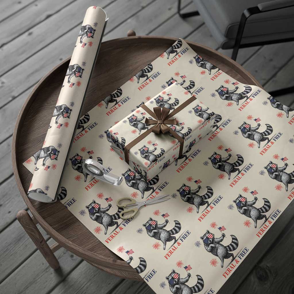 Feral and Free Dancing Raccoon Wrapping Paper Roll Funny 4th July Patriotic Animal US Flag and Fireworks - Wonder Print Shop