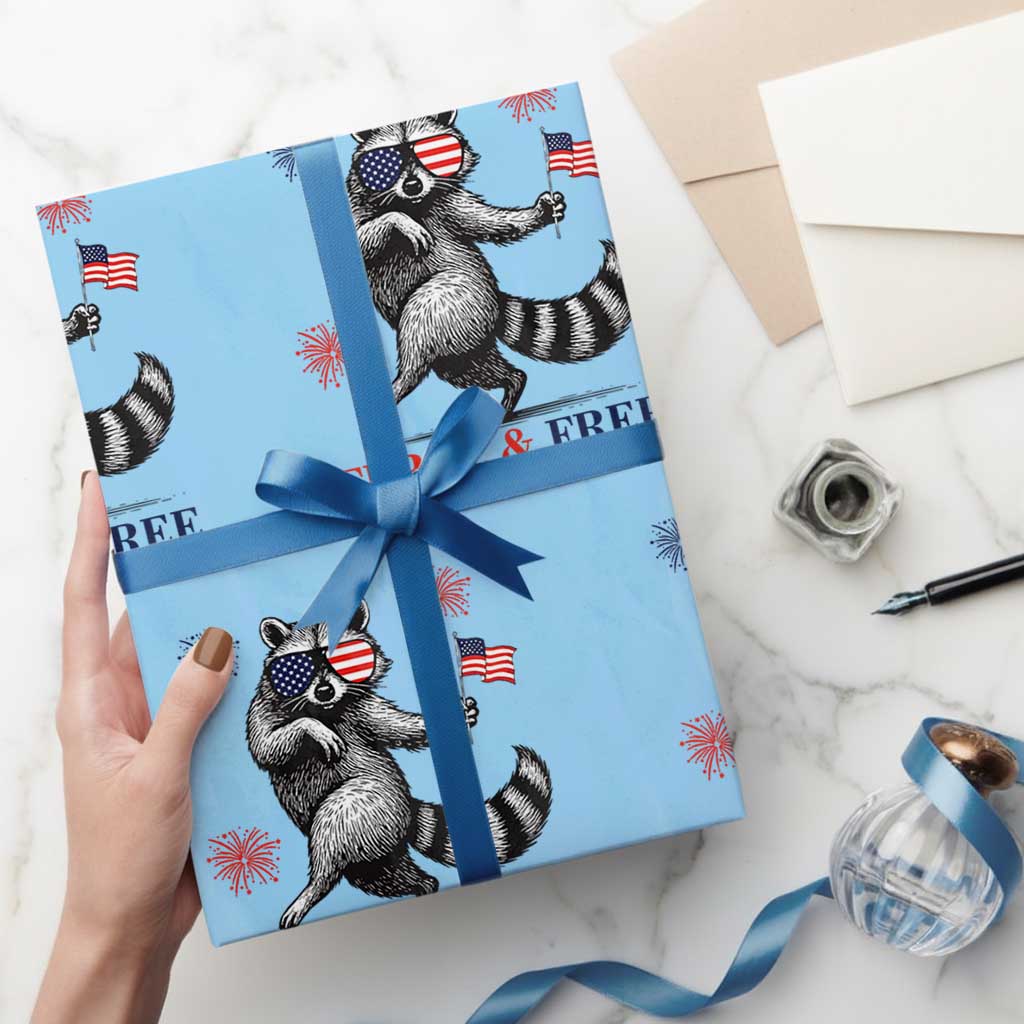 Feral and Free Dancing Raccoon Wrapping Paper Roll Funny 4th July Patriotic Animal US Flag and Fireworks - Wonder Print Shop