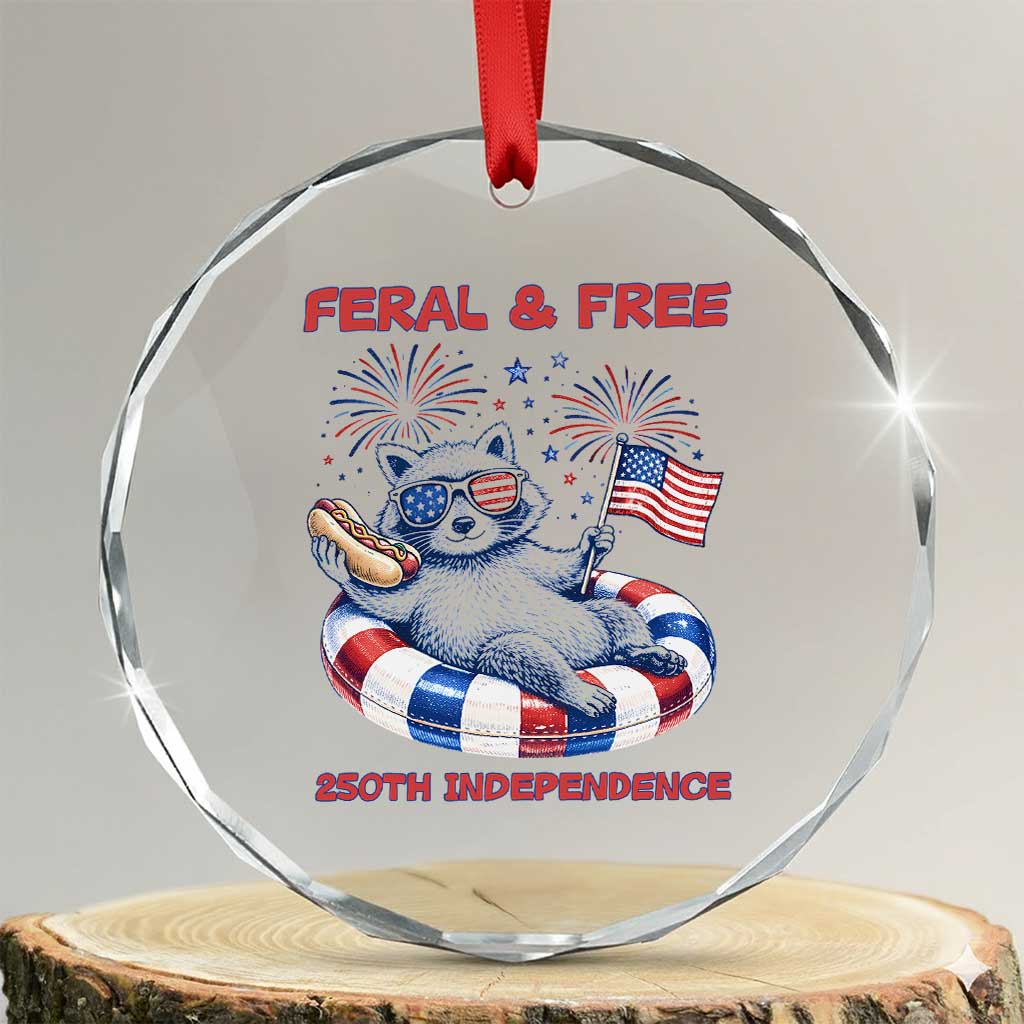 Feral and Free Funny Raccoon 4th of July Crystal Glass Ornament 250 Years Of Freedom
