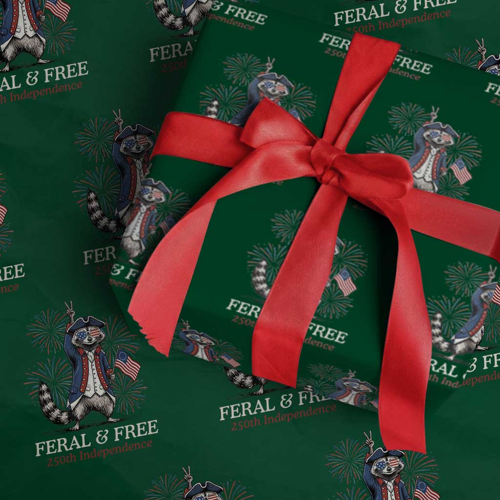 Feral and Free Funny Raccoon 4th of July Wrapping Paper Roll USA 250 Years Freedom Independence Anniversary Gift