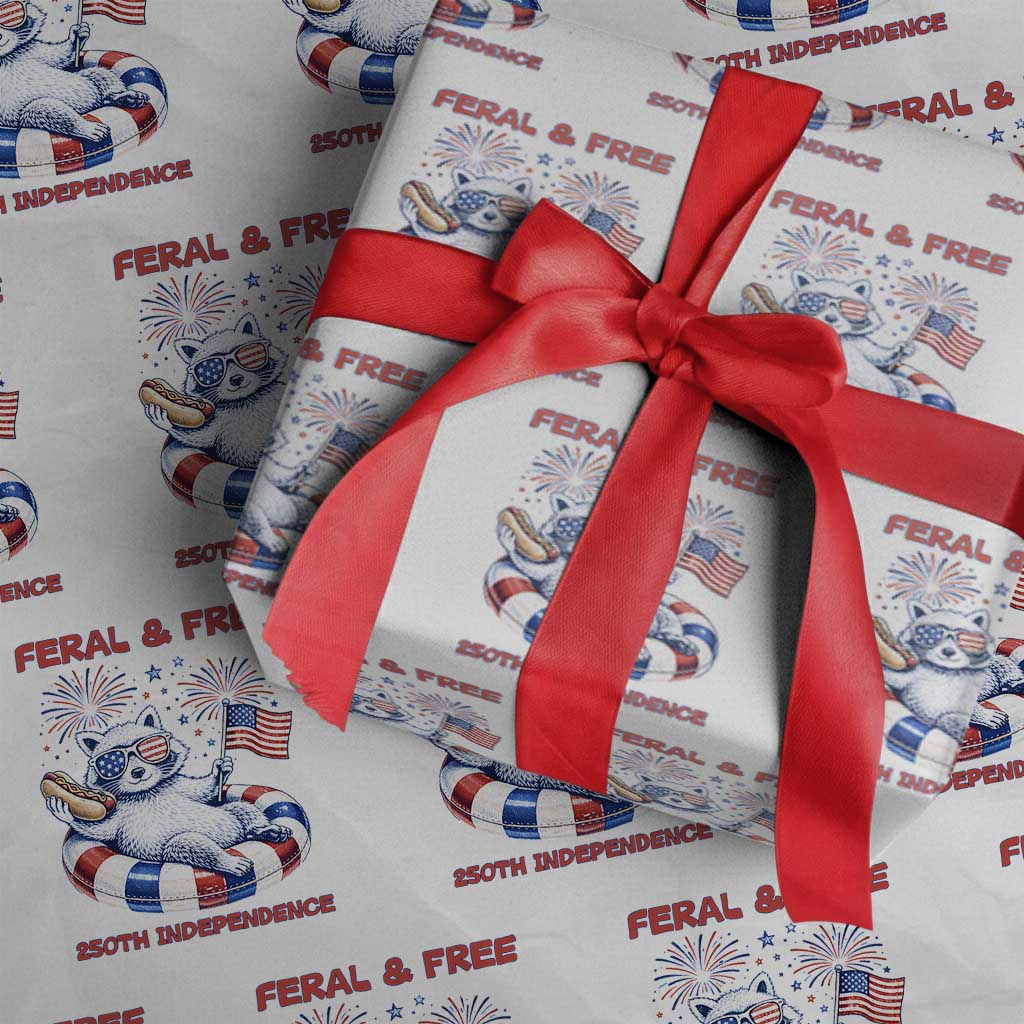 Feral and Free Funny Raccoon 4th of July Wrapping Paper Roll 250 Years Of Freedom