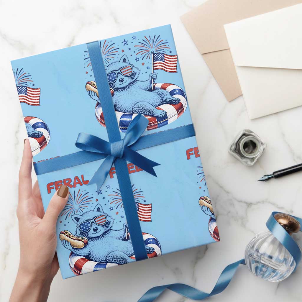 Feral and Free Funny Raccoon 4th of July Wrapping Paper Roll 250 Years Of Freedom