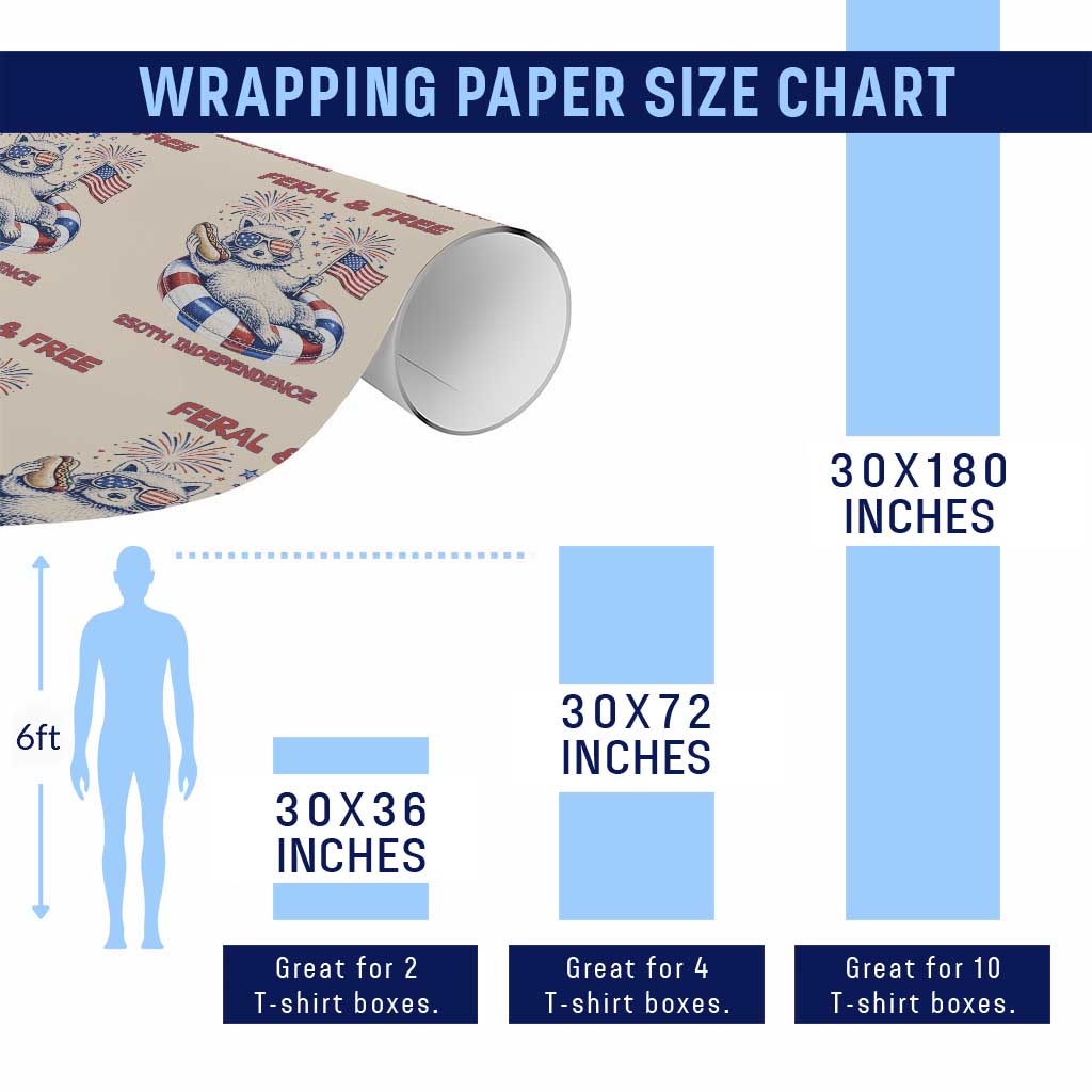 Feral and Free Funny Raccoon 4th of July Wrapping Paper Roll 250 Years Of Freedom