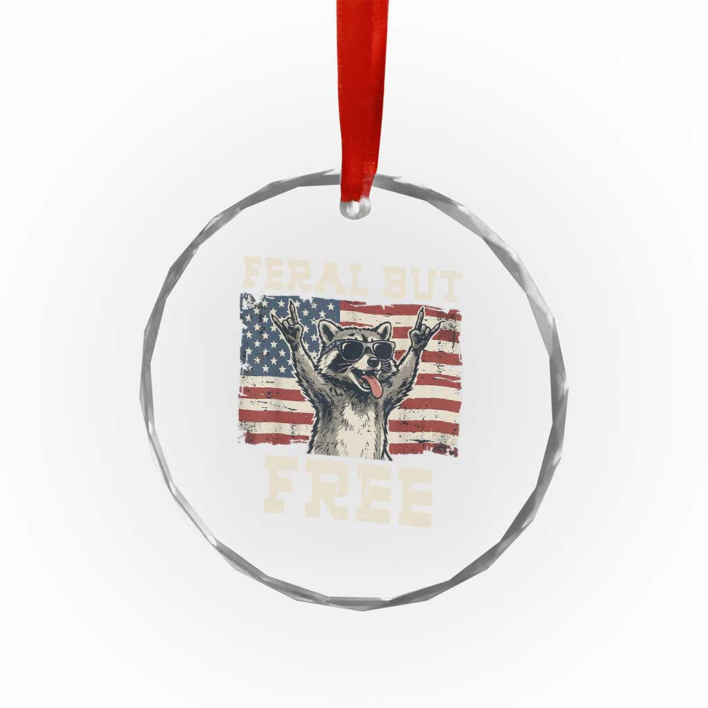 Feral But Free Funny Raccoon Patriotic Crystal Glass Ornament Cool American Flag Sunglasses Rock On Hand Signs Vintage USA Flag