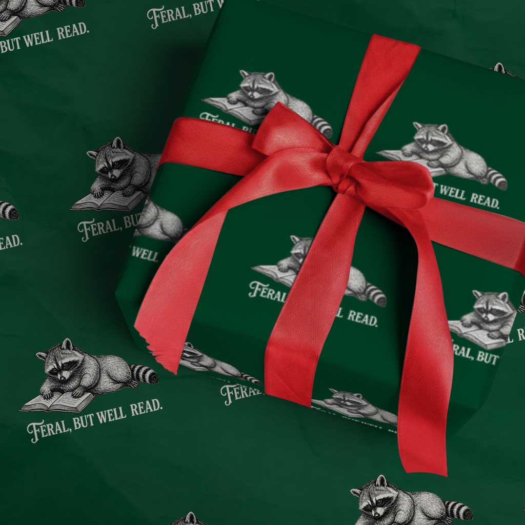 Feral But Well Read Wrapping Paper Roll Funny Raccoon Reading Book Lover
