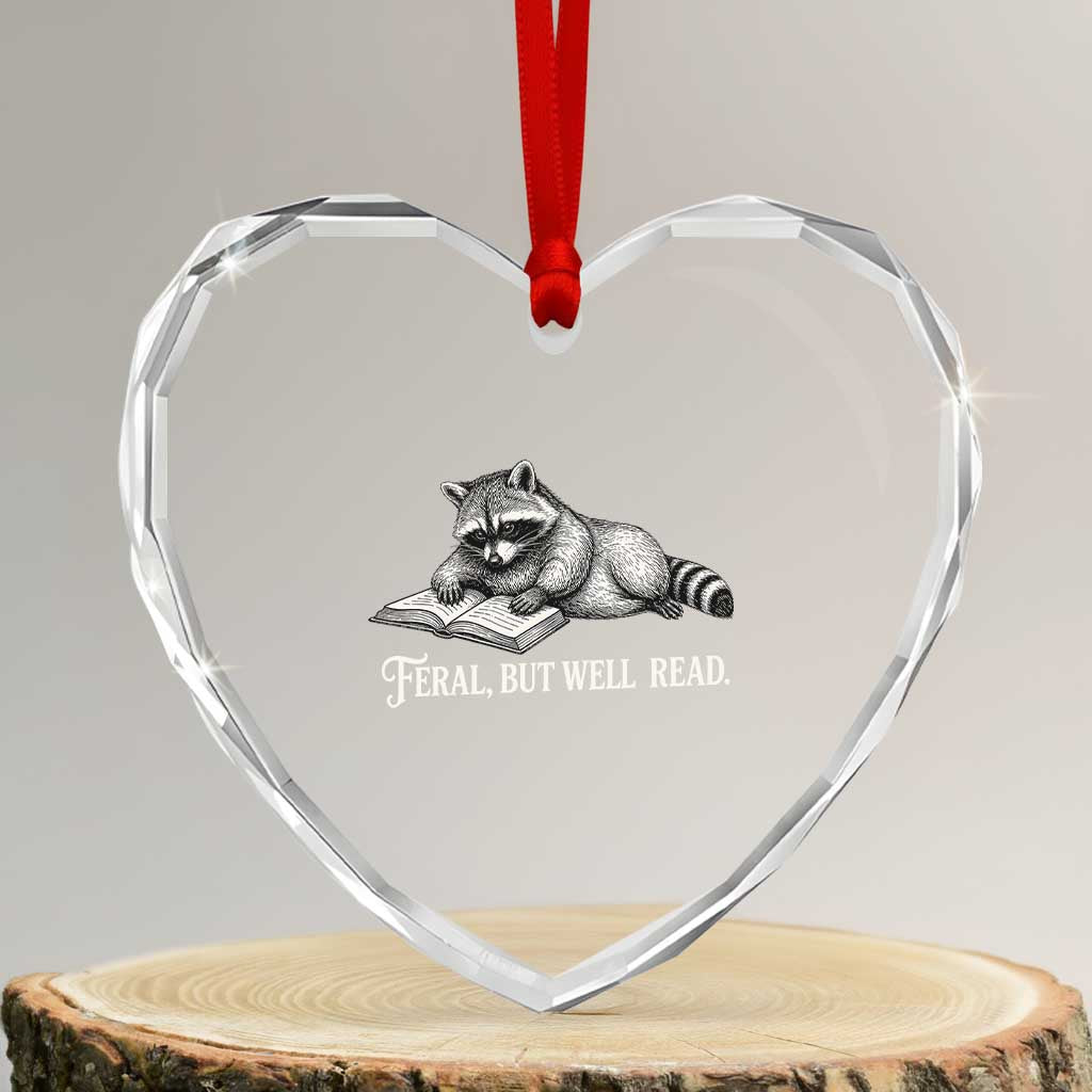 Feral But Well Read Heart Crystal Glass Ornament Funny Raccoon Reading Book Lover