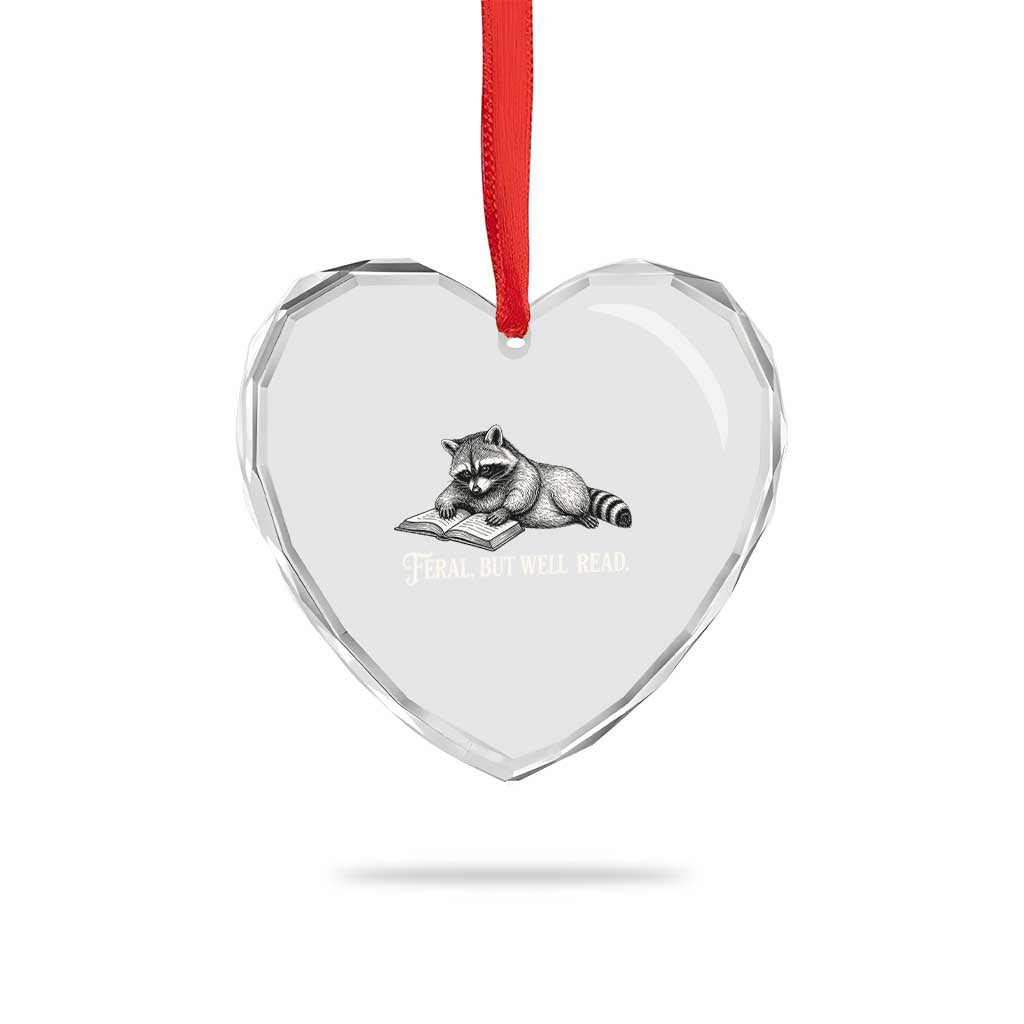 Feral But Well Read Heart Crystal Glass Ornament Funny Raccoon Reading Book Lover