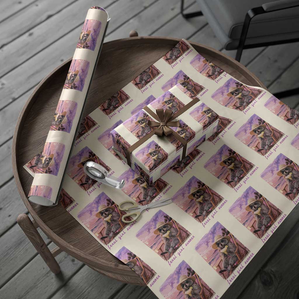 Feral Girl Summer Wrapping Paper Roll Funny Raccoon Summer Beach Meme