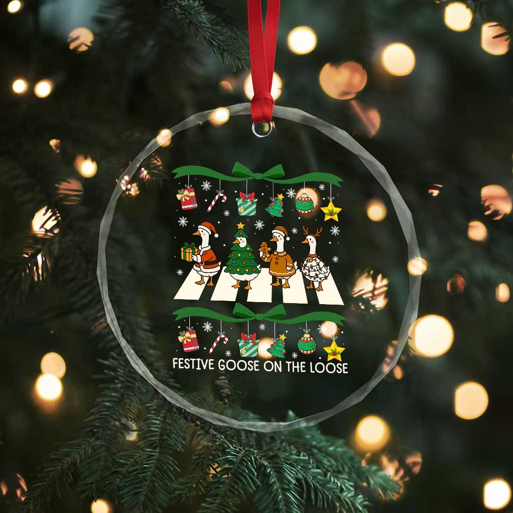 Festive Goose On The Loose Christmas Crystal Glass Ornament Cute Xmas Duck Silly Gooses Coquette Bow - Wonder Print Shop
