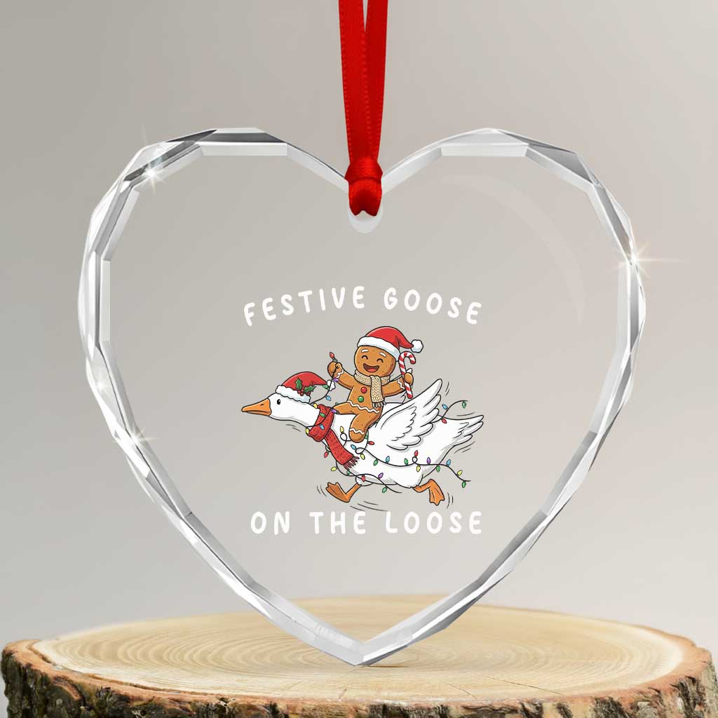 Festive Goose On The Loose Christmas Heart Crystal Glass Ornament Funny Goose Gingerbread Xmas - Wonder Print Shop
