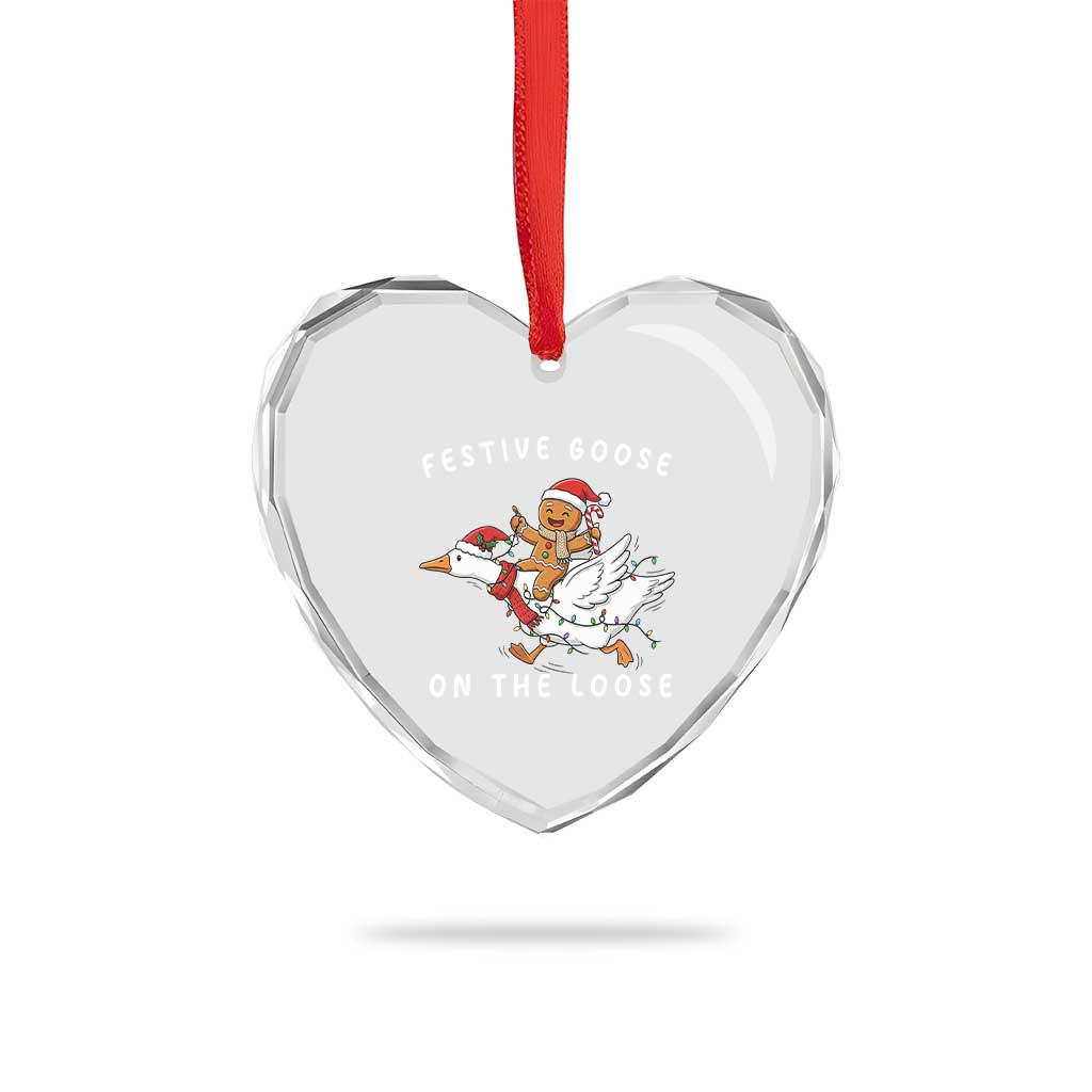 Festive Goose On The Loose Christmas Heart Crystal Glass Ornament Funny Goose Gingerbread Xmas - Wonder Print Shop
