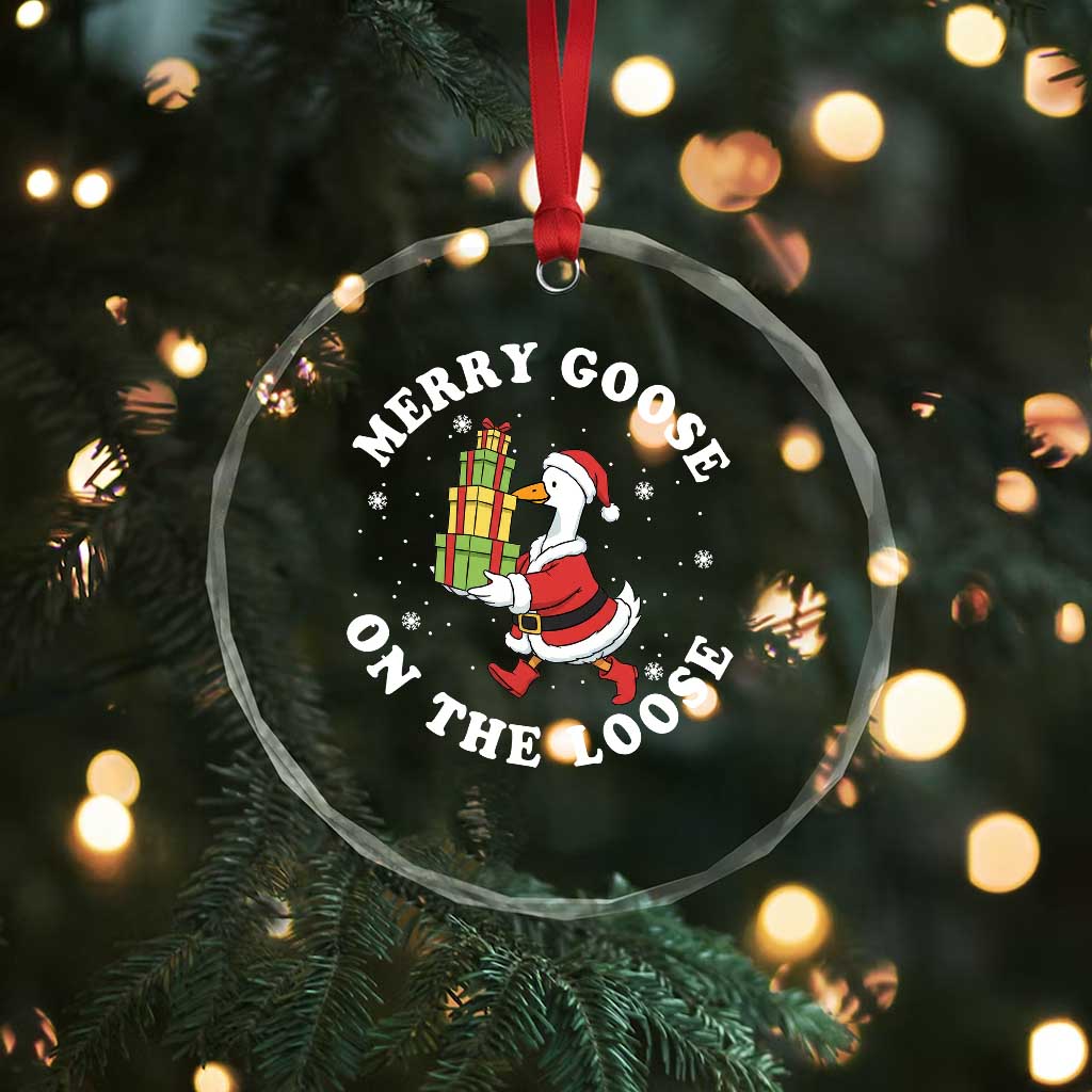 Festive Goose on The Loose Crystal Glass Ornament Funny Goose Christmas Meme - Wonder Print Shop