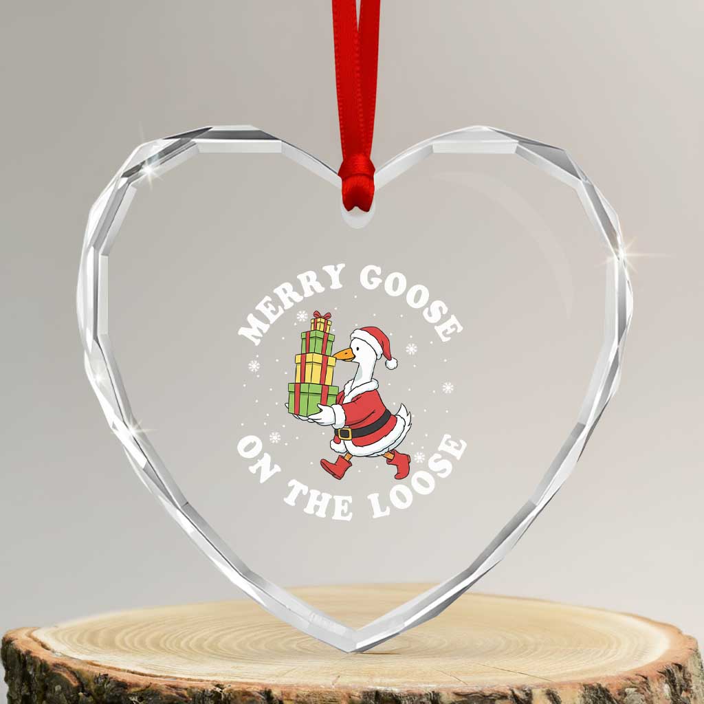 Festive Goose on The Loose Heart Crystal Glass Ornament Funny Goose Christmas Meme - Wonder Print Shop