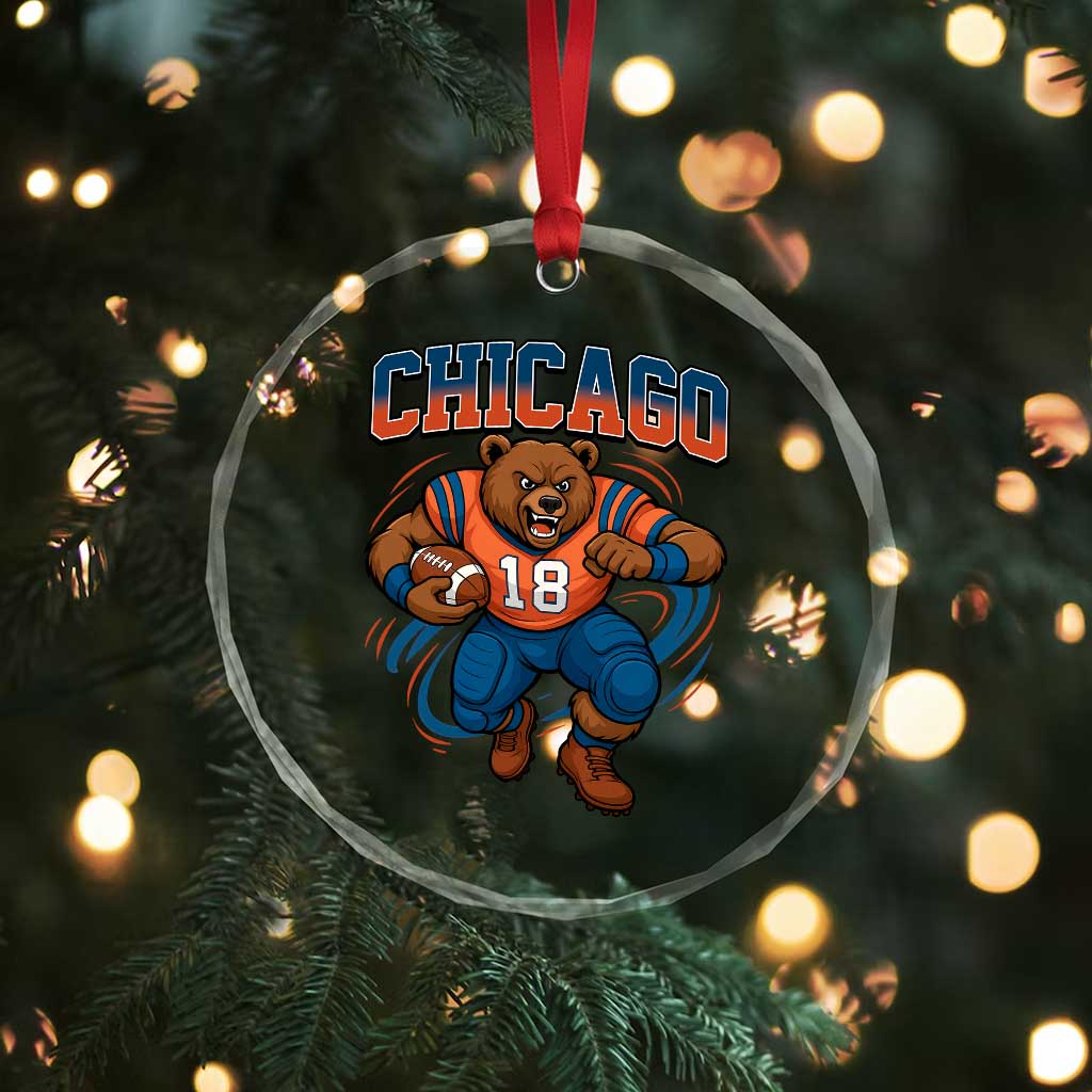 Fierce Football Bear Crystal Glass Ornament Chicago Fan Number 18 Bold Orange Game Day Spirit - Wonder Print Shop