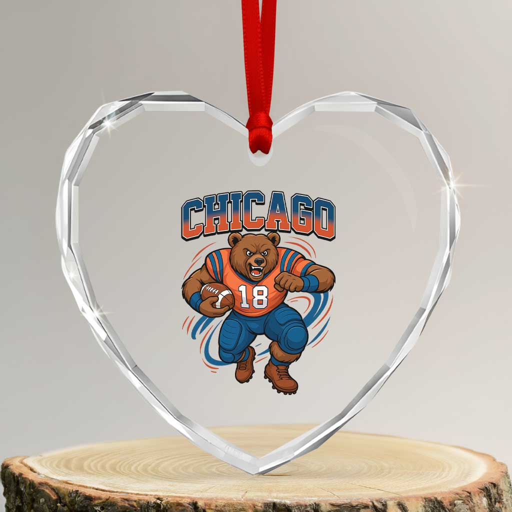 Fierce Football Bear Heart Crystal Glass Ornament Chicago Fan Number 18 Bold Orange Game Day Spirit - Wonder Print Shop