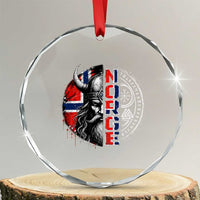 Fierce Norge Viking Warrior with Horned Helmet Graphic Crystal Glass Ornament Norway Pride Distressed Norwegian Flag and Runes