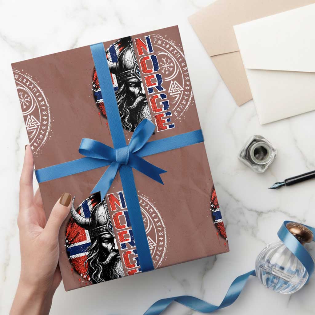 Fierce Norge Viking Warrior with Horned Helmet Graphic Wrapping Paper Roll Norway Pride Distressed Norwegian Flag and Runes