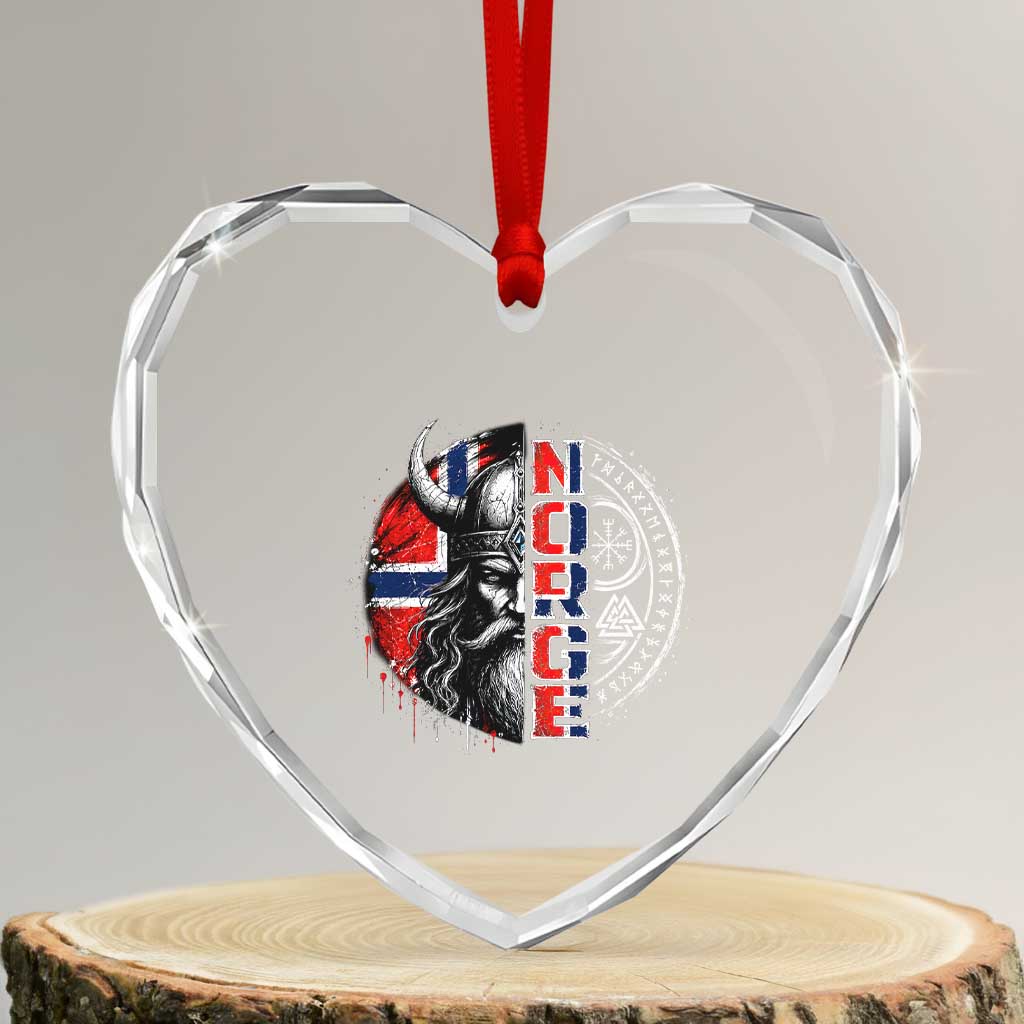 Fierce Norge Viking Warrior with Horned Helmet Graphic Heart Crystal Glass Ornament Norway Pride Distressed Norwegian Flag and Runes