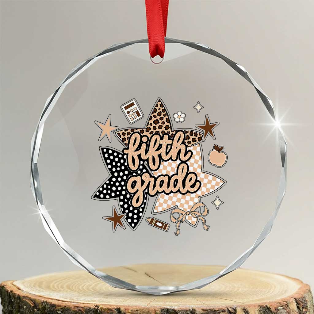 Fifth Grade Leopard Checkered Star Coquette Crystal Glass Ornament Cute 5th Grade Girl Back to School Gift