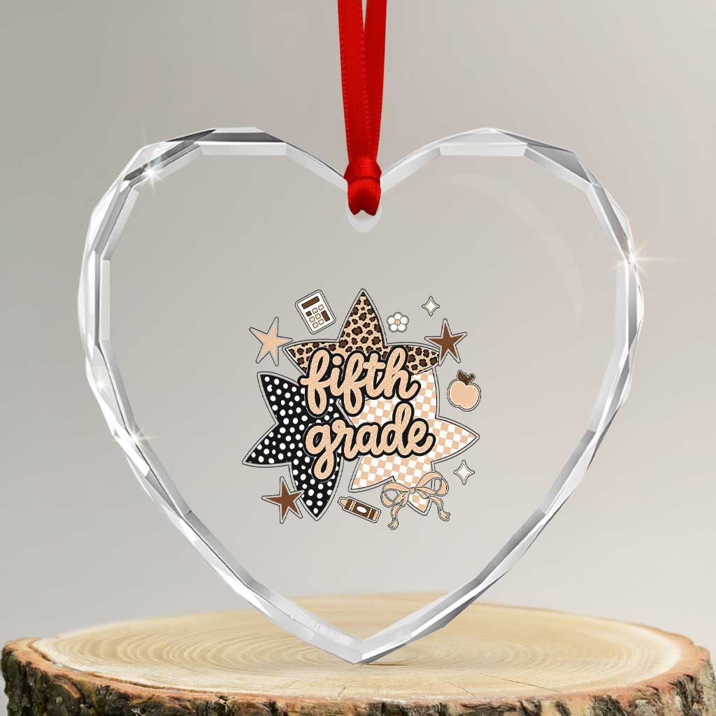 Fifth Grade Leopard Checkered Star Coquette Heart Crystal Glass Ornament Cute 5th Grade Girl Back to School Gift