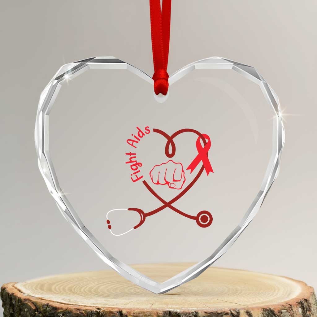Fight AIDS Nurse Heart Crystal Glass Ornament Red Ribbon HIV Awareness Gift - Wonder Print Shop