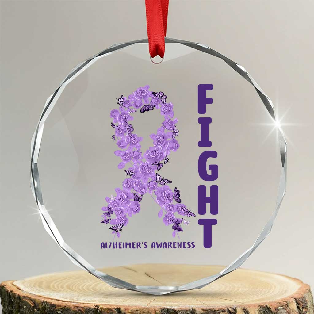 Fight Alzheimers Awareness Support Crystal Glass Ornament Purple Ribbon Floral Butterfly