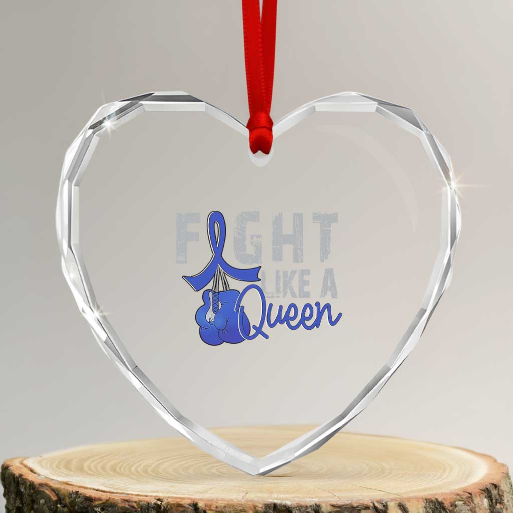 Fight Like A Queen Heart Crystal Glass Ornament Blue Ribbon Colon Cancer Awareness