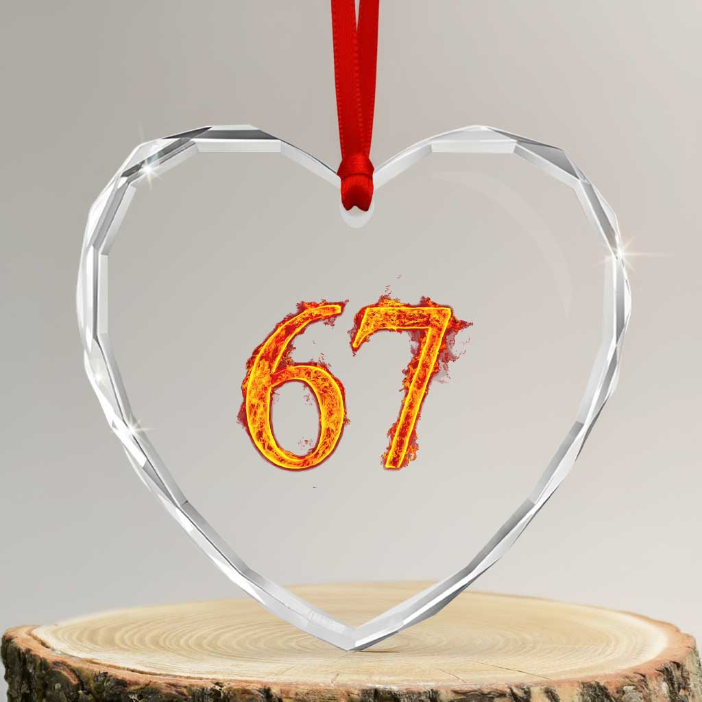 Fire Flame Number 67 Heart Crystal Glass Ornament Funny Six Seven Gen Alpha Slang Meme Sports Team Jersey - Wonder Print Shop