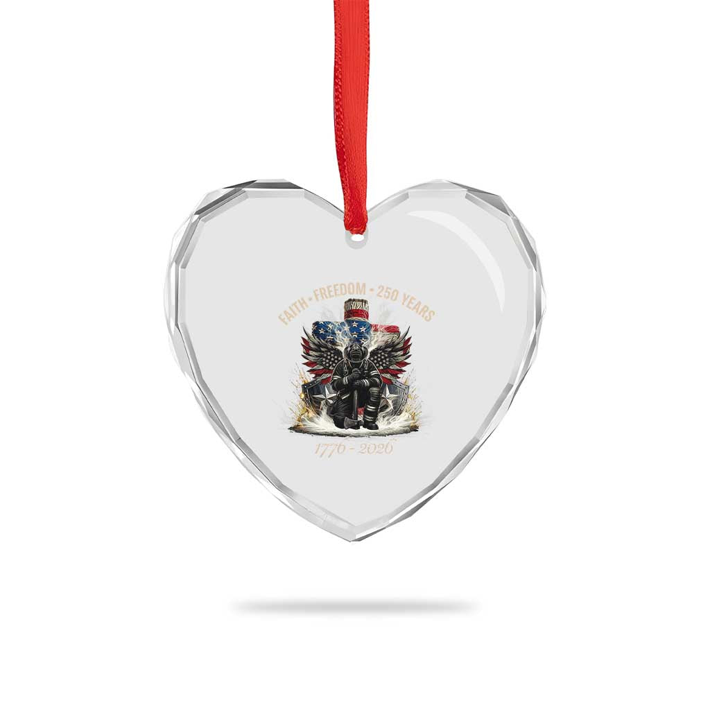 Fireman 250 Years of America Heart Crystal Glass Ornament Faith Freedom Firefighter American Flag Cross