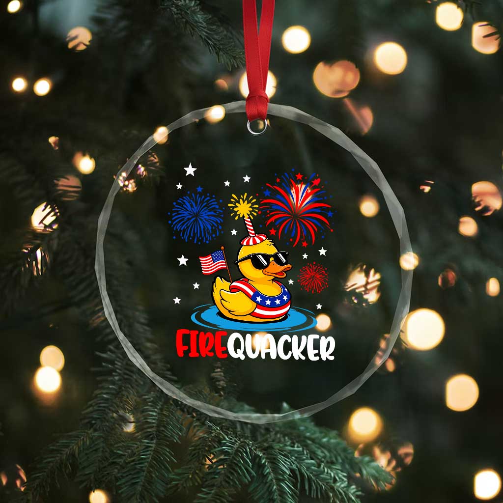 Firequacker Funny Patriotic Rubber Duck Crystal Glass Ornament Cool American Flag Sunglasses and Stars Swim Ring Summer Fireworks