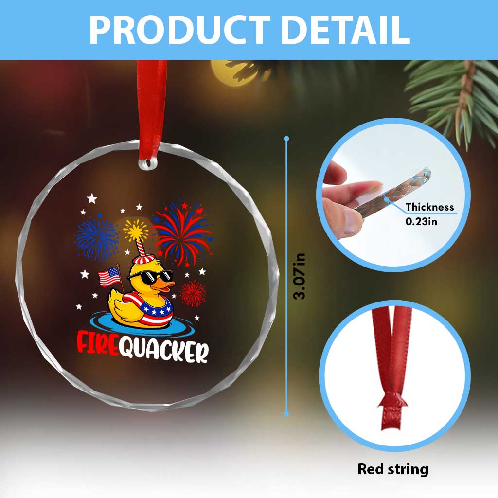 Firequacker Funny Patriotic Rubber Duck Crystal Glass Ornament Cool American Flag Sunglasses and Stars Swim Ring Summer Fireworks