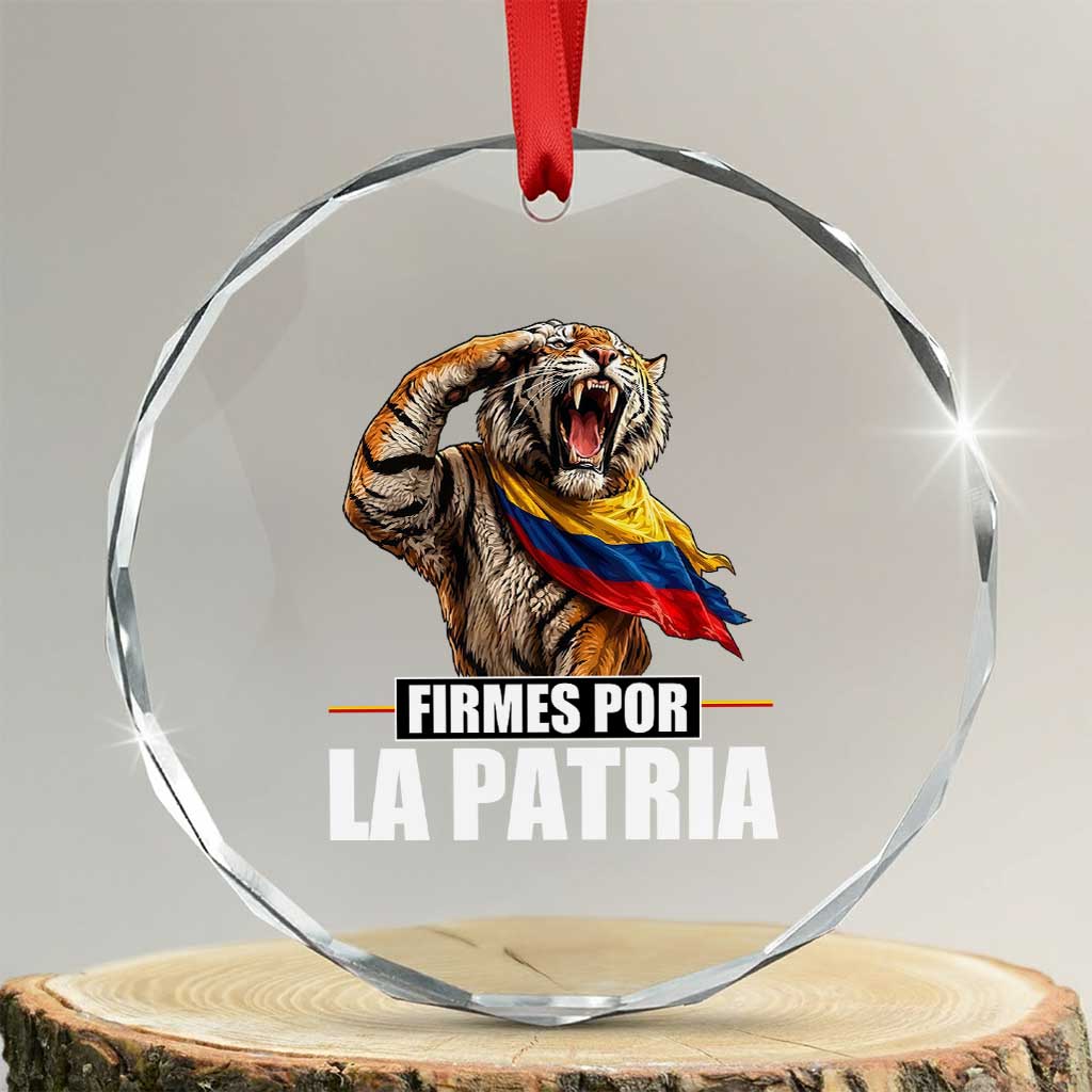 Firmes Por La Patria Colombian Pride Crystal Glass Ornament Roaring Saluting Tiger Patriotic Colombia Heritage Flag