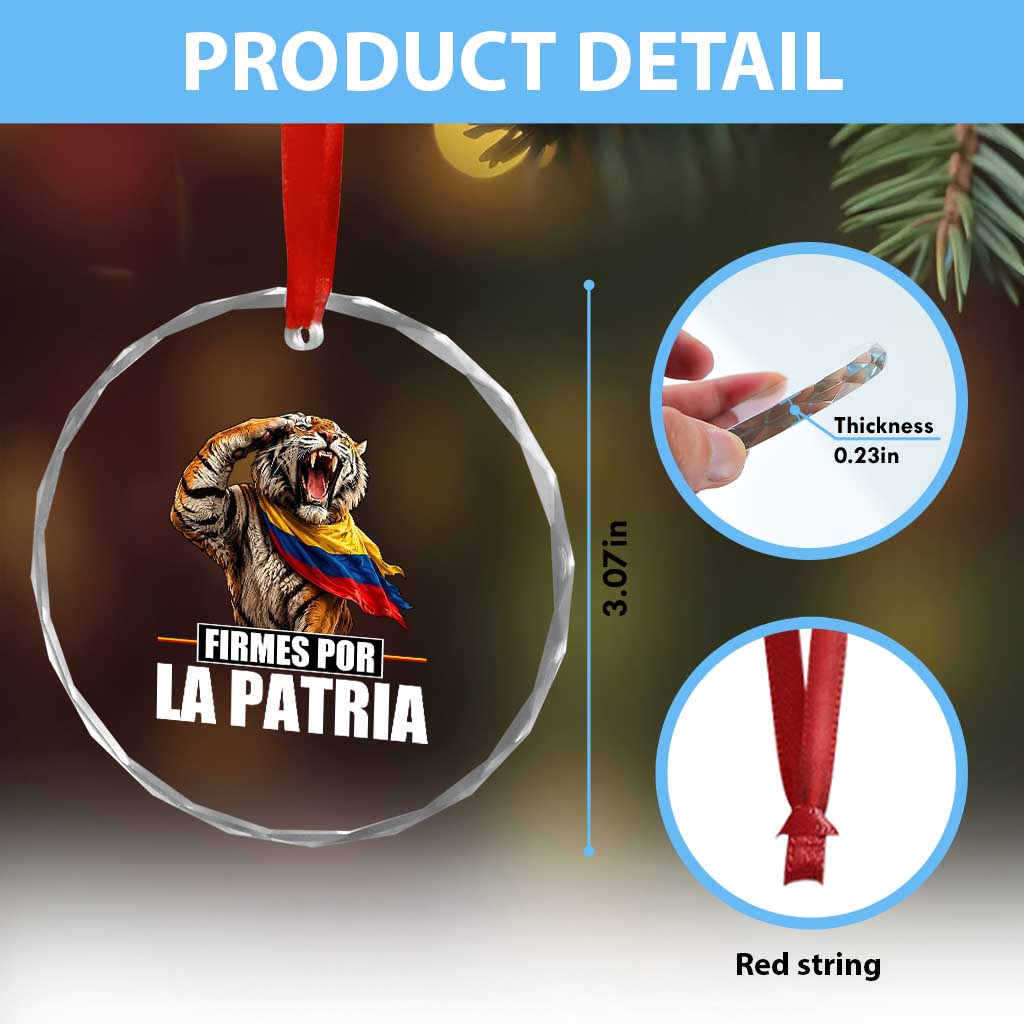 Firmes Por La Patria Colombian Pride Crystal Glass Ornament Roaring Saluting Tiger Patriotic Colombia Heritage Flag