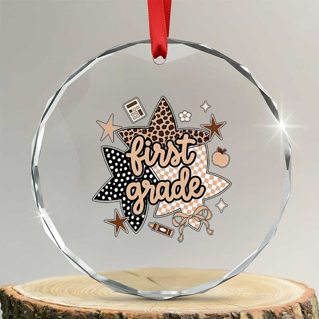 First Grade Leopard Checkered Star Coquette Crystal Glass Ornament Cute 1st Grade Girl Back to School Gift