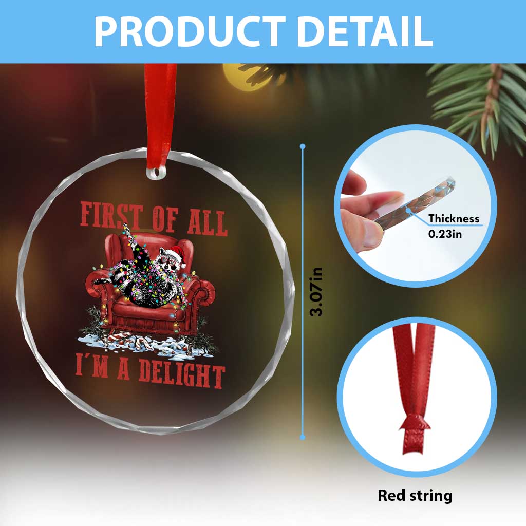 First Of All I Am A Delight Crystal Glass Ornament Funny Raccoon Christmas Meme - Wonder Print Shop