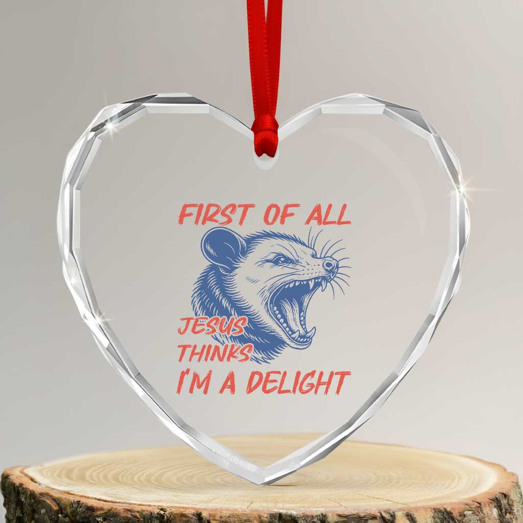 First of All Jesus Thinks I'm A Delight Heart Crystal Glass Ornament Funny Opossum Christian