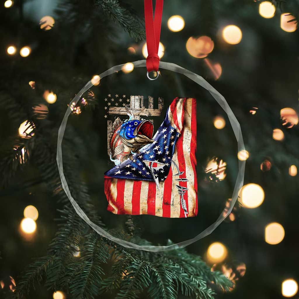 Fisherman Christian Fishing Vintage American Flag Crystal Glass Ornament TS11