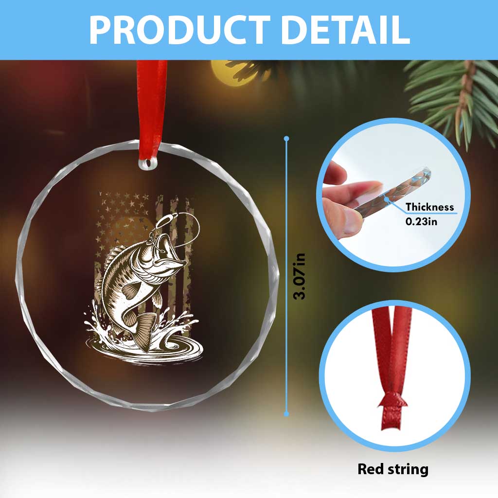 Fishing Camo Crystal Glass Ornament Bass Fish American Flag Boy Men Fisherman Gift